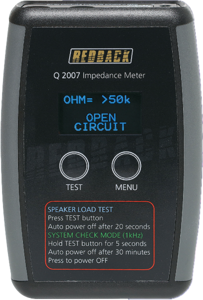 REDBACK DIGITAL AUDIO IMPEDANCE METER SUITS 50V/ 70V/ 100V LINE SYSTEMS UPTO 5kW OLED DISPLAY 2 MODES SPEAKER LOAD TEST/ SYSTEM CHECK MODE BLACK WITH 5V RECHARGE BATTERY