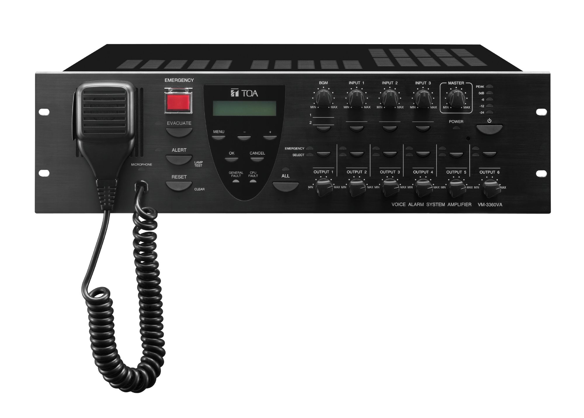 VM-3360VA TOA 6 ZONE 360W VOICE ALARM SYSTEM AMP BLACK, 2U 6x SPEAKER OUTPUT, 2x BGM (UNBALANCED) 1x REC 24.98KG