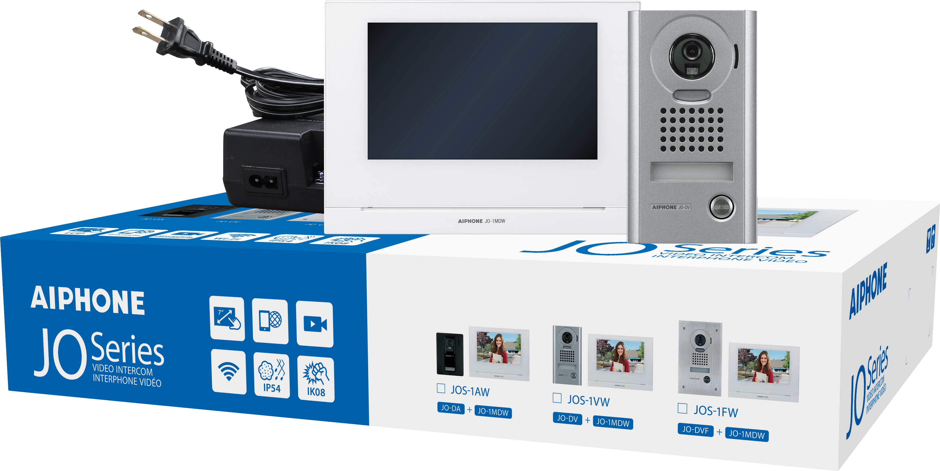 AIPHONE JOS-1VW JO SERIES VIDEO INTERCOM KIT 1X JO-DV SURFACE MOUNT DOOR STATION 1X JO-1MDW 7 INCH TOUCH SCREEN WIFI 18VDC WHITE
