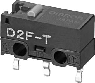D2F ULTRA SUBMINIATURE BASIC SWITCH WITH PCB THROUGH HOLE MOUNTED 125VAC 1.47N OPERATING FORCE PIN PLUNGER ACTUATOR BLACK