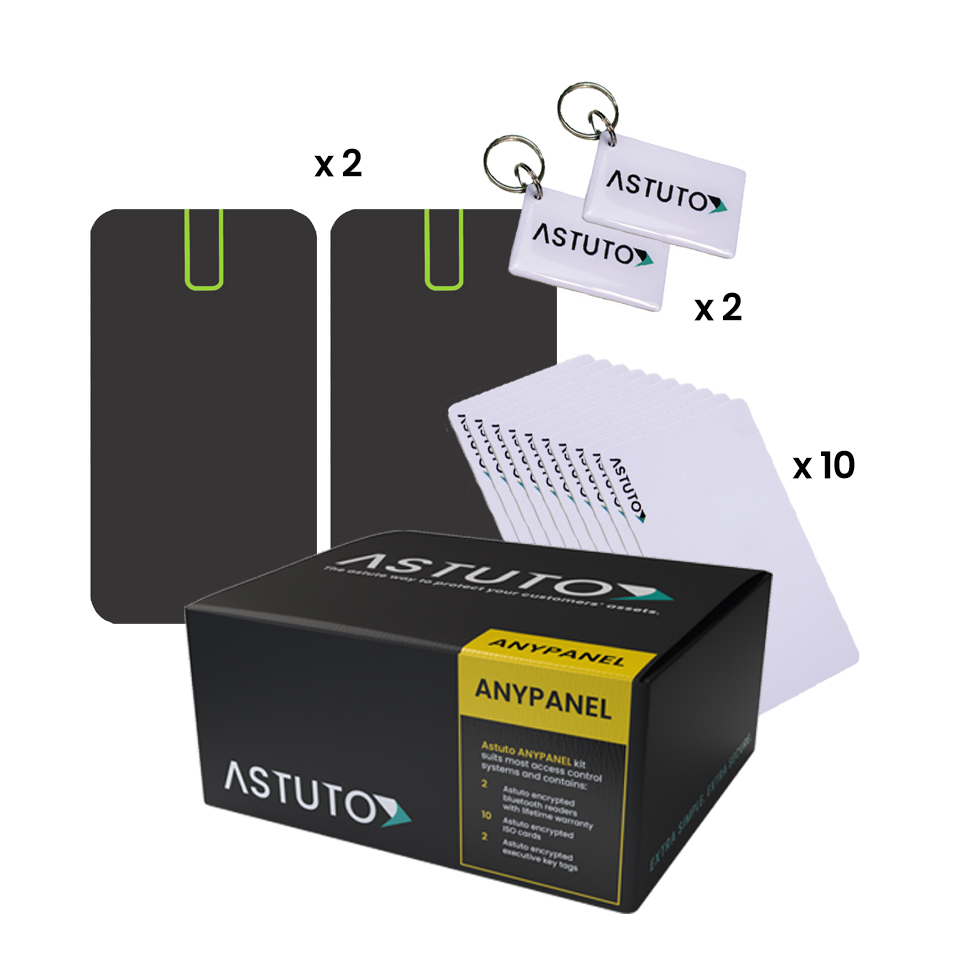 ASTUTO STARTER KIT TO SUIT ANY PANEL - INC 2 x MINI READERS, 10 x ISO CARDS AND 2 x PREMIUM GELTAG'S