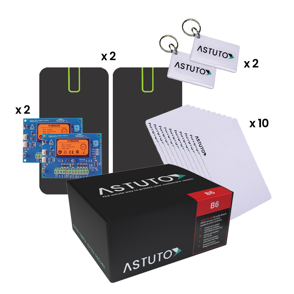 ASTUTO STARTER KIT TO SUIT BOSCH 6000 SYSTEMS - INC 2 x MINI READERS, 2 x WIEGAND CONVERTERS, 10 x ISO CARDS and 2 x PREMIUM GELTAG'S