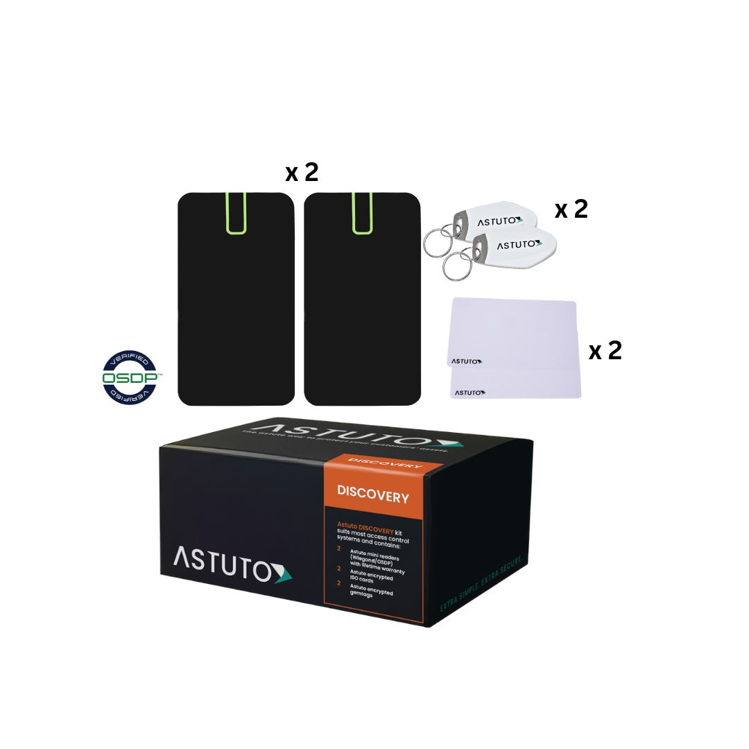 ASTUTO DISCOVERY KIT SUITS ANY OSDP/ WIEGAND COMPATIBLE PANELS - INCLUDES 2x MINI READERS 2x ISO CARDS 2x PREMIUM GEMTAGS