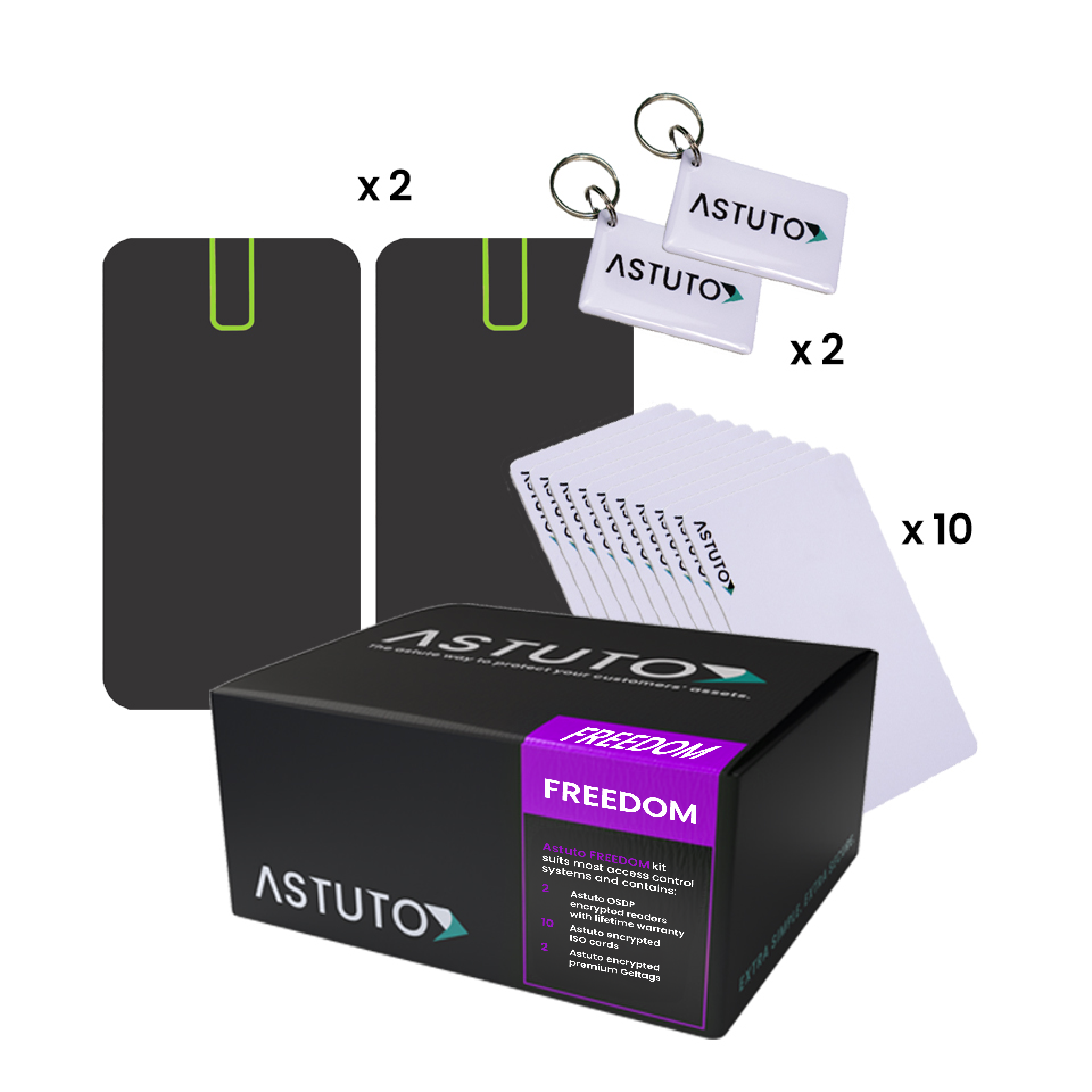 ASTUTO FREEDOM KIT SUITS OSDP COMPATIBLE PANELS - INCLUDES 2 x FREEDOM OSDP READERS 10 x ISO CARDS 2 x PREMIUM GELTAG'S