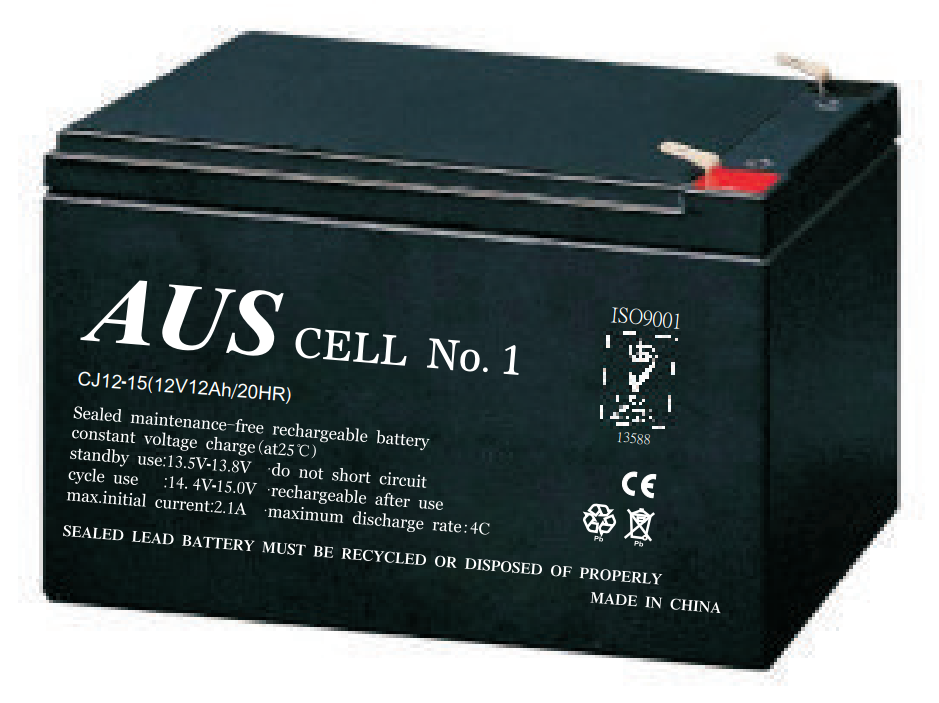 CJ12-15 12VDC /12Ah VALVE REGULATED LEAD ACID BATTERY 120A (5 Sec) DISCHARGE OPERATE TEMP -20° ~ +60° 0.39A CHARGE CURRENT FASTON TABS 187( F1) & 250( F2) BLACK 4.2KG