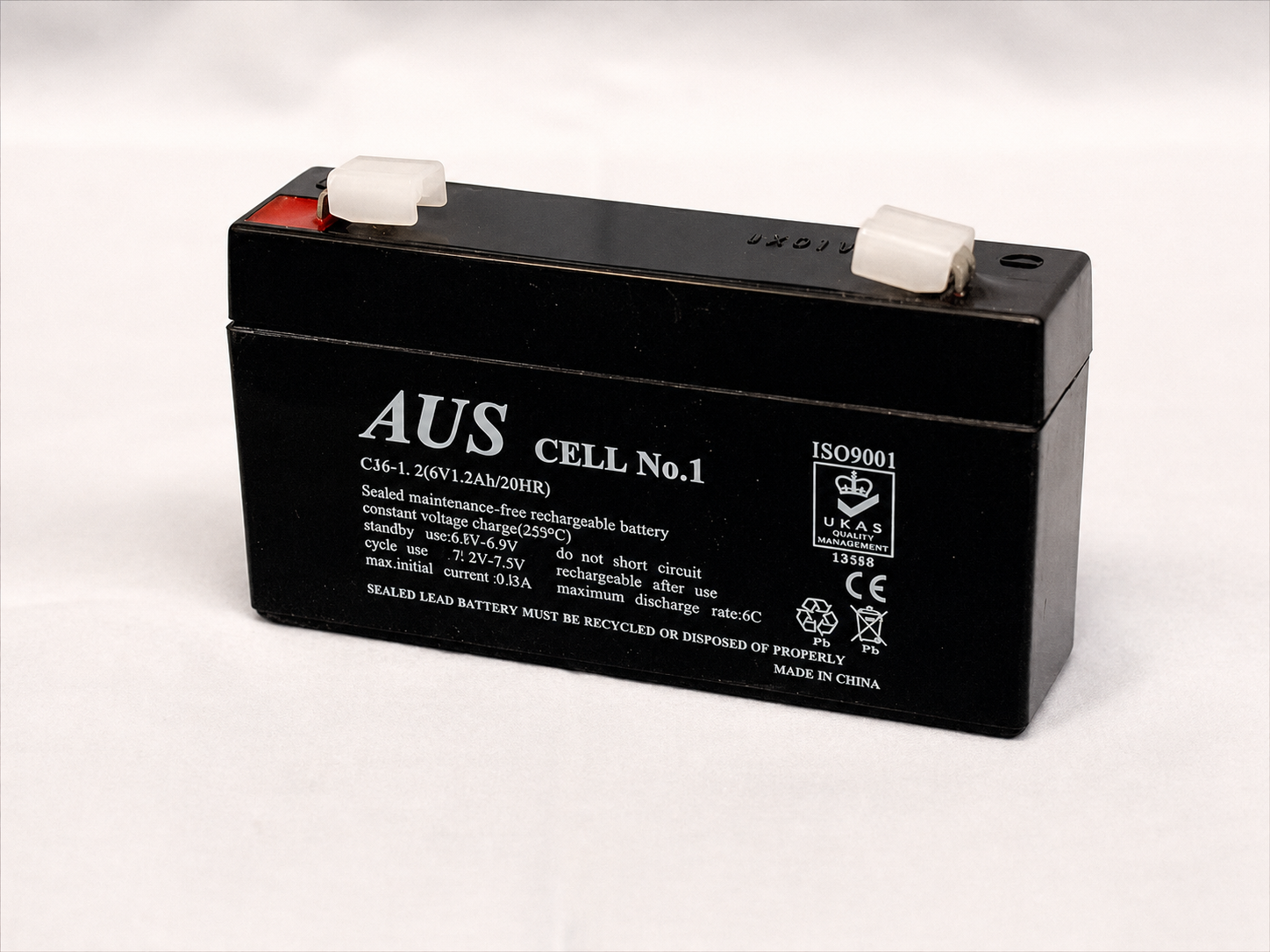 CJ6-1.2 6VDC /1.2Ah VALVE REGULATED LEAD ACID BATTERY OPERATE TEMP -20° ~ +60° 0.39A CHARGE CURRENT FASTON TABS 187( F1) BLACK 31 kg