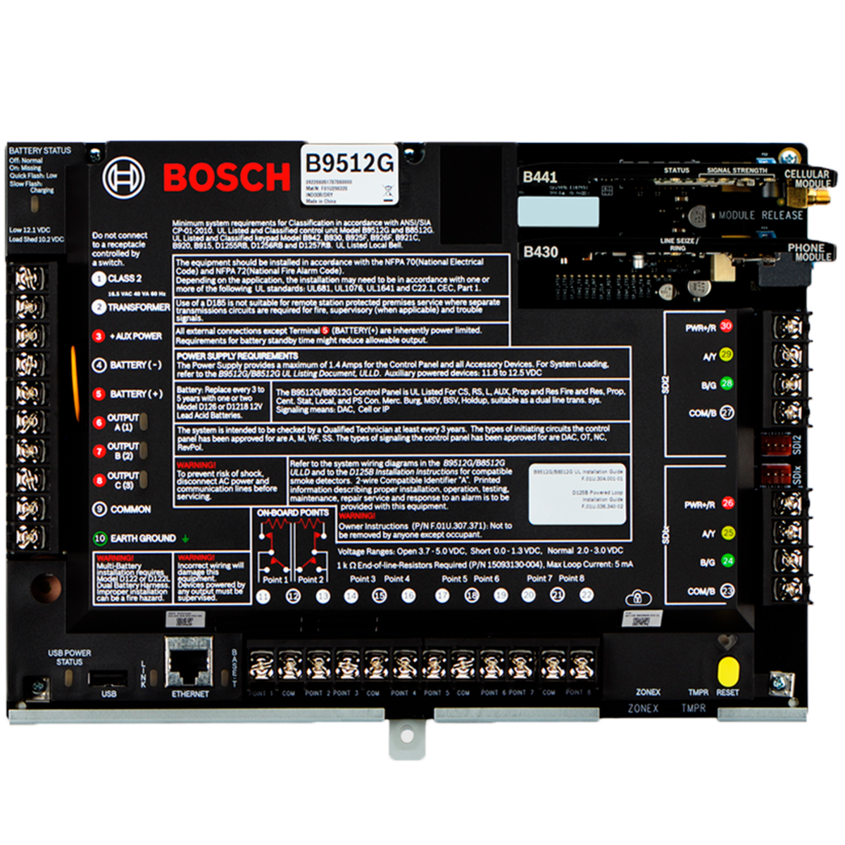 BOSCH G-SERIES HARDWIRED ALARM PANEL/ ACCESS CONTROL PANEL BLACK 8 x ZONE EXPAND UP TO 599 ZONE 3 x OUTPUT EXPAND UP TO 599 ZONE 32 AREAS 2000 USERS 32 DOORS 32 KEYPAD 504 WIRELESS 10,192 EVENTS PCB ENCLOSURE MOUNT 16-18VAC MAX 16 IP CAM *REQUIRED POWER SUPPLY*