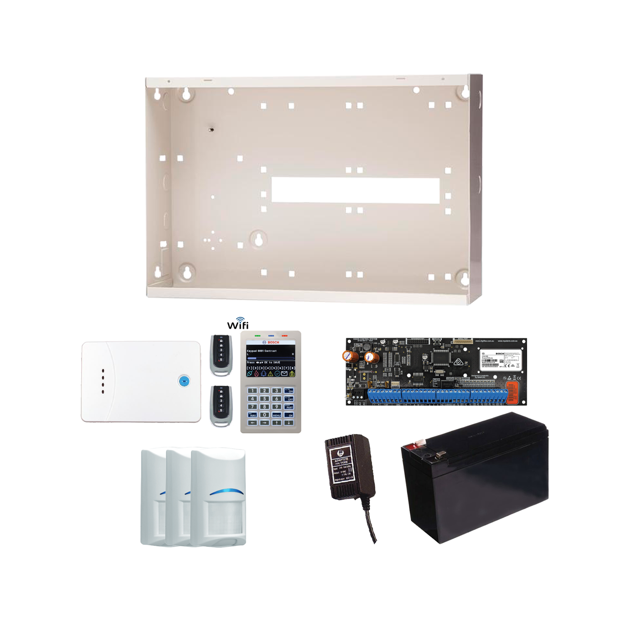 BOSCH 6000-IP WIRELESS ALM KIT INCLUDES 1x SOLUTION 6000-IP PCB WITH WIFI KEYPAD 3x WIRELESS PET PIRs 1x MW250 METAL ENCLOSURE 1x 12V7Ah BATTERY 1x 18VAC POWER SUPPLY 2x 5 BUTTON REMOTES 1x SOLUTION 6000 RECEIVER