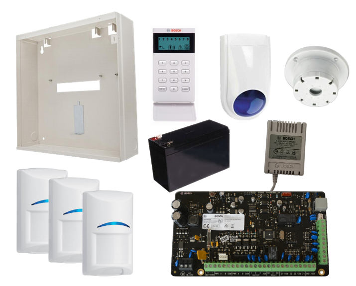 BOSCH 3000 HARDWIRED ALARM KIT INCLUDES 1x SOLUTION 3000 PCB 1x ICON KEYPAD 3x BLUE LINE PET PIRs 1x MW250 METAL ENCLOSURE 1x 12V7Ah BATTERY 1x 18VAC POWER SUPPLY 1x SLIMLINE STROBE/SIREN 1x SURFACE MOUNTED PIEZO