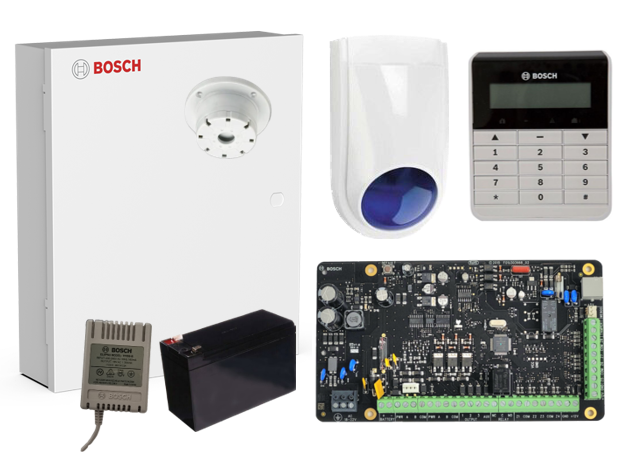 BOSCH 4000 HARDWIRED ALARM KIT INCLUDES 1x SOLUTION 4000 PCB 1x TEXT KEYPAD 1x METAL ENCLOSURE 1x 12V7Ah BATTERY 1x 18VAC POWER SUPPLY 1x SLIMLINE STROBE/SIREN 1x SURFACE MOUNTED PIEZO NO PIR