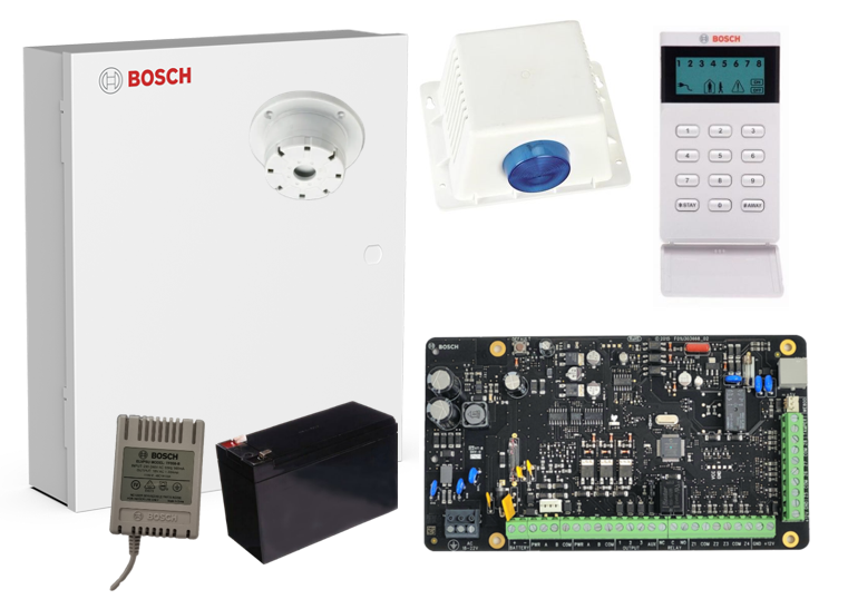 BOSCH 4000 HARDWIRED ALARM KIT INCLUDES 1x SOLUTION 4000 PCB 1x ICON KEYPAD 1x METAL ENCLOSURE 1x 12V7Ah BATTERY 1x 18VAC POWER SUPPLY 1x STROBE/SIREN/PIEZO NO PIR