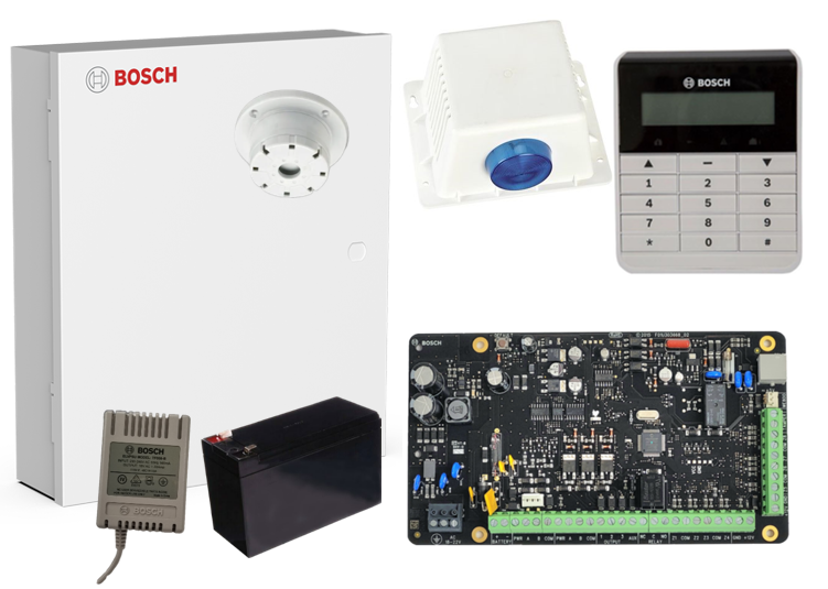 BOSCH 4000 HARDWIRED ALARM KIT INCLUDES 1x SOLUTION 4000 PCB 1x TEXT KEYPAD 1x METAL ENCLOSURE 1x 12V7Ah BATTERY 1x 18VAC POWER SUPPLY 1x STROBE/SIREN/PIEZO NO PIR