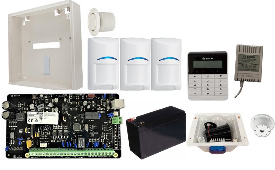 BOSCH SOL 2000 H/WIRED ALARM KIT INC LCD K/P.AD 3x BLU LINE PIRS MW250 ENC BATT P/S STROBE/SIREN/PIEZO