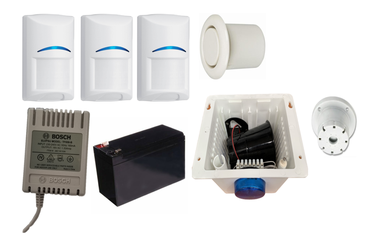 BOSCH 6000 H/WIRED ALM KIT INC 1x SOL 6000 PCB W/ PROX K/PAD 1x MW350 ENC 3x BLU LINE PIRS BATT P/S STROBE/SIREN/PIEZO