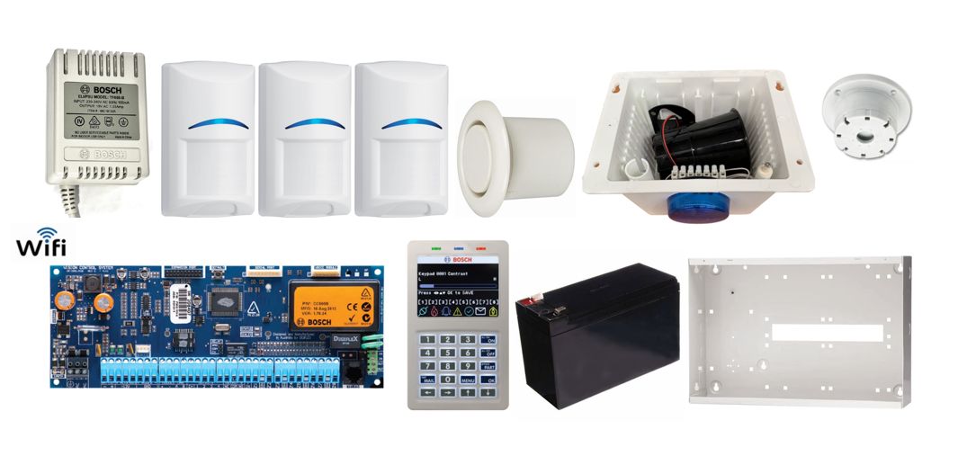 BOSCH 6000 H/WIRED ALM KIT INC 1x SOL 6000 PCB W/ WIFI K/PAD 1x MW350 ENC 3x BLU LINE PIRS BATT P/S STROBE/SIREN/PIEZO