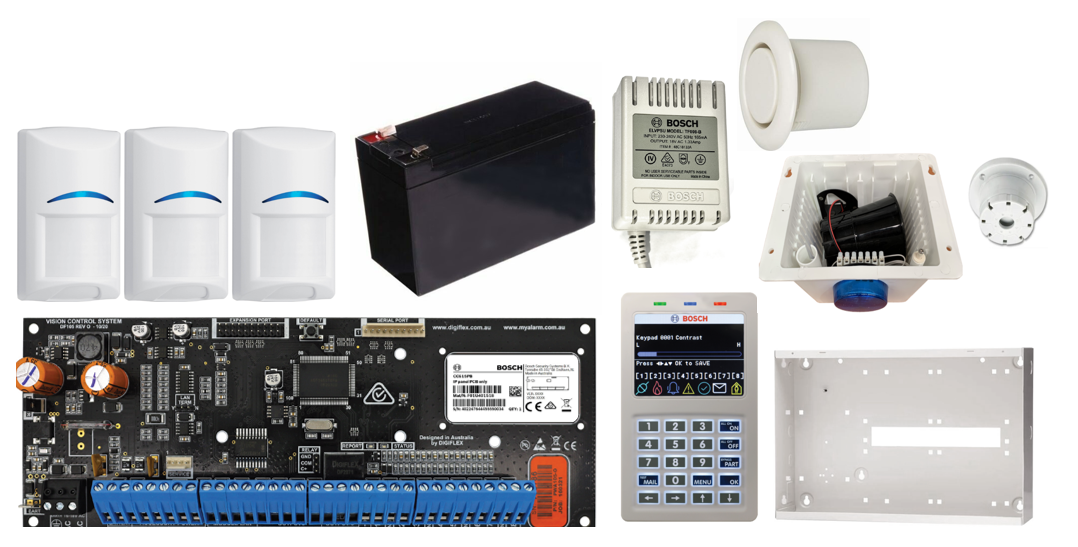 BOSCH 6000 H/WIRED ALM KIT INC 1x SOL 6000 PCB W/ WIFI K/PAD 1x MW350 ENC 3x BLU LINE PIRS BATT P/S STROBE/SIREN/PIEZO