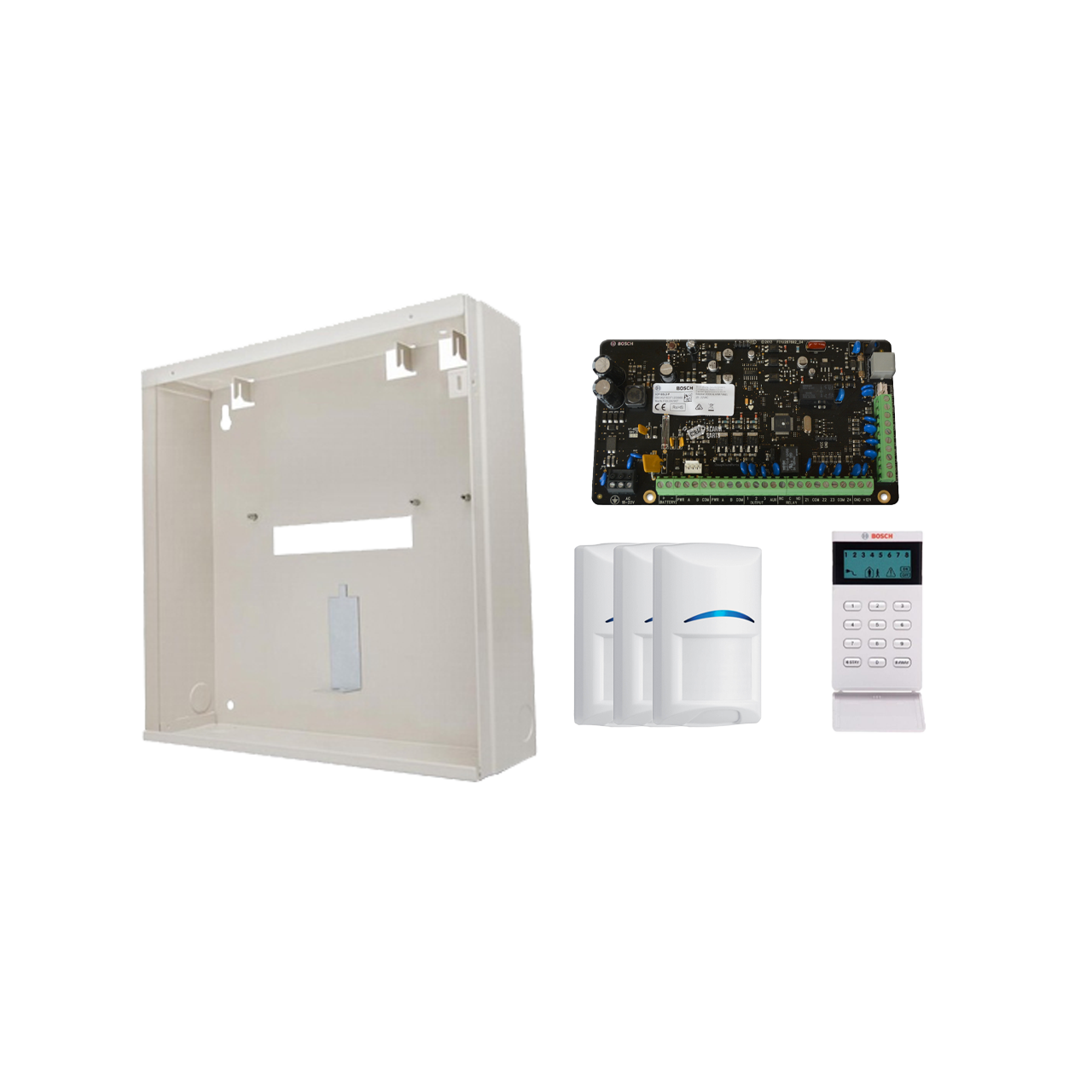 BOSCH 3000 HARDWIRED ALARM KIT INCLUDES 1x SOLUTION 3000 PCB 1x ICON KEYPAD 3x BLUE LINE PIRs 1x MW250 METAL ENCLOSURE