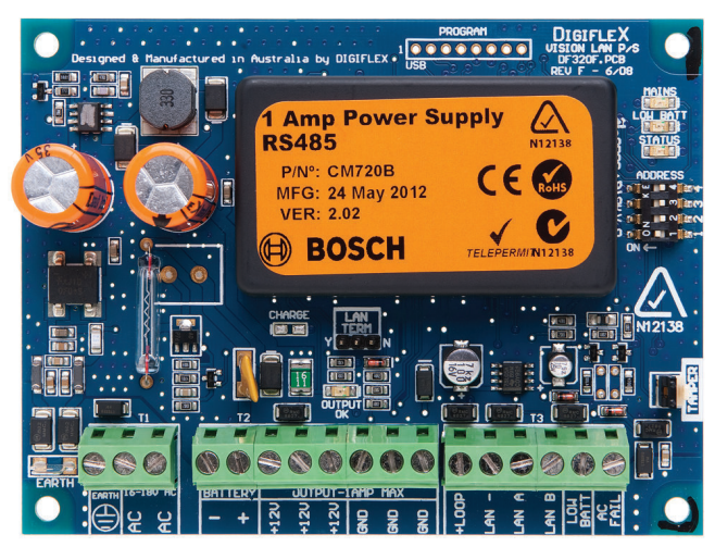 BOSCH HARDWIRED LAN POWER SUPPLY MODULE BLUE PCB ENCLOSURE MOUNT 100G 16-18VAC SUITS SOLUTION 16i/ 144/ 6000 *REQUIRED POWER SUPPLY (TF008-B) & 1 x BATTERY (TB100103) 1A*
