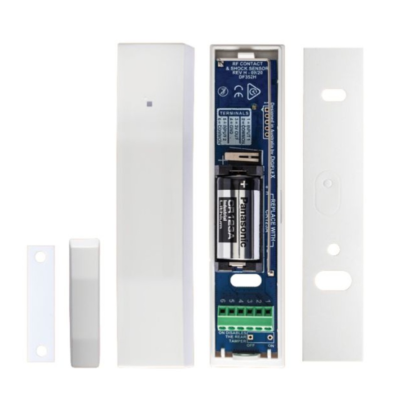 BOSCH WIRELESS SHOCK/ VIBRATION SENSOR WHITE WITH TAMP ALARM 2 INPUT (DRY) FLASHING/ SOLID RED LED INDICATORS METAL & PLASTIC SURFACE MOUNT 433MHz 3xCR123A BATTERY (9V)