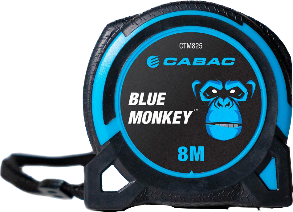 CABAC BLUE MONKEY ELECTRICAN'S TAPE MEASURE BLK/BLU 25mm x 8M DUAL SIDED GRAPHICS W/ GPO & LIGHT SWITCH POSITIONS MARKED W/ BELT CLIP & BLADE LOCK