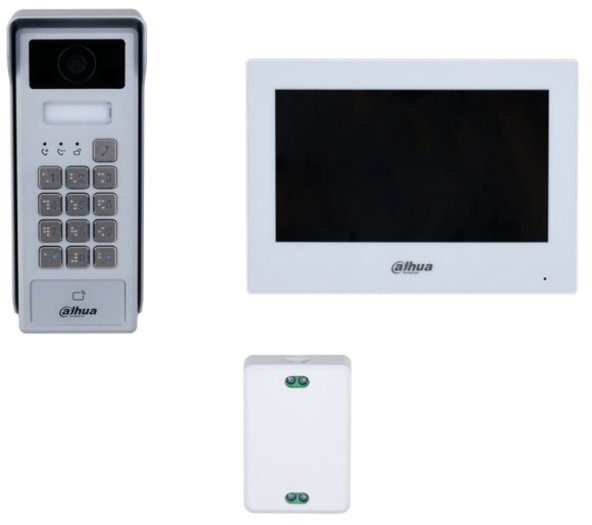 DHI-KTX03 EACH SERIES RESIDENTIAL 2 WIRE HYBRID VIDEO INTERCOM KIT INCLUDES 1 x 2MP VIDEO DOOR STATION WITH KEYPAD IC CARD READER SILVER METAL IP65 IK08 1 x SURFACE MOUNTED BOX WITH RAINHOOD 1 x 7