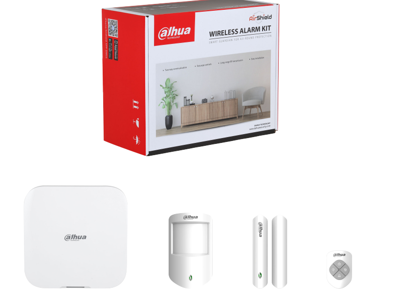 DAHUA WIRELESS ALARM KIT INCLUDES 1 x WHITE 3800H WIRELESS ALARM PANEL WITH LTE 1 x WHITE WIRELESS DUAL PET PIR 1 x WHITE 4 BUTTON REMOTE 1 x WHITE DOOR REED ALL DEVICES COME WITH LI-ION BATTERY