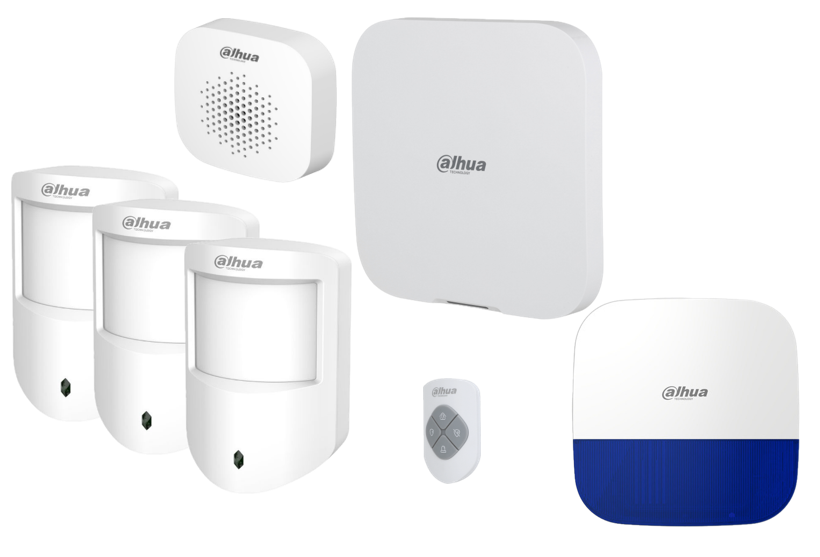 DAHUA AIRSHIELD WIRELESS ALARM KIT INCLUDES 1x WHITE WIRELESS ALARM PANEL 3x WHITE WIRELESS PET PIRs 1x 4 BUTTON REMOTES WHITE 1x WHITE OUTDOOR SIREN WITH BLUE STROBE 1x WHITE INDOOR SIREN ALL DEVICES COME WITH LI-ION BATTERIES