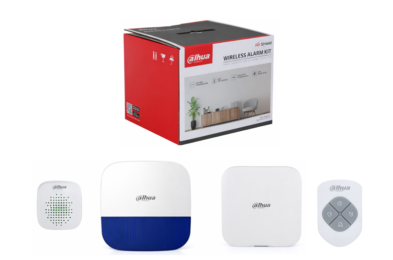 DAHUA AIRSHIELD WIRELESS ALARM KIT INCLUDES 1x WHITE WIRELESS HUB2 ALARM PANEL 3x WHITE WIRELESS PET PIRs 1x 4 BUTTON REMOTES WHITE 1x WHITE OUTDOOR SIREN WITH BLUE STROBE 1x WHITE INDOOR SIREN ALL DEVICES COME WITH LI-ION BATTERIES