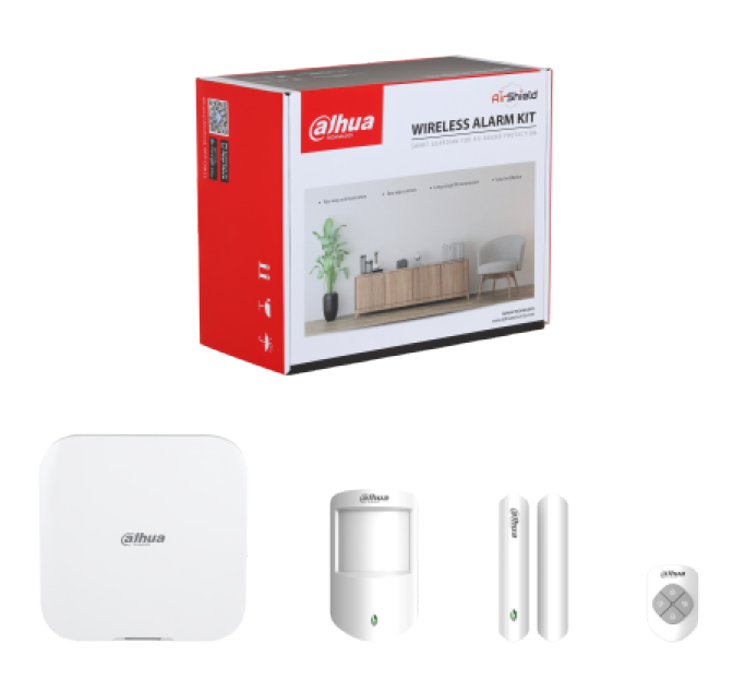 DAHUA AIRSHIELD WIRELESS ALARM KIT INCLUDES 1x WHITE WIRELESS HUB2 ALARM PANEL 1x WHITE WIRELESS PET PIRs 1x 4 BUTTON REMOTES WHITE 1x WHITE DOOR REED ALL DEVICES COME WITH LI-ION BATTERIES