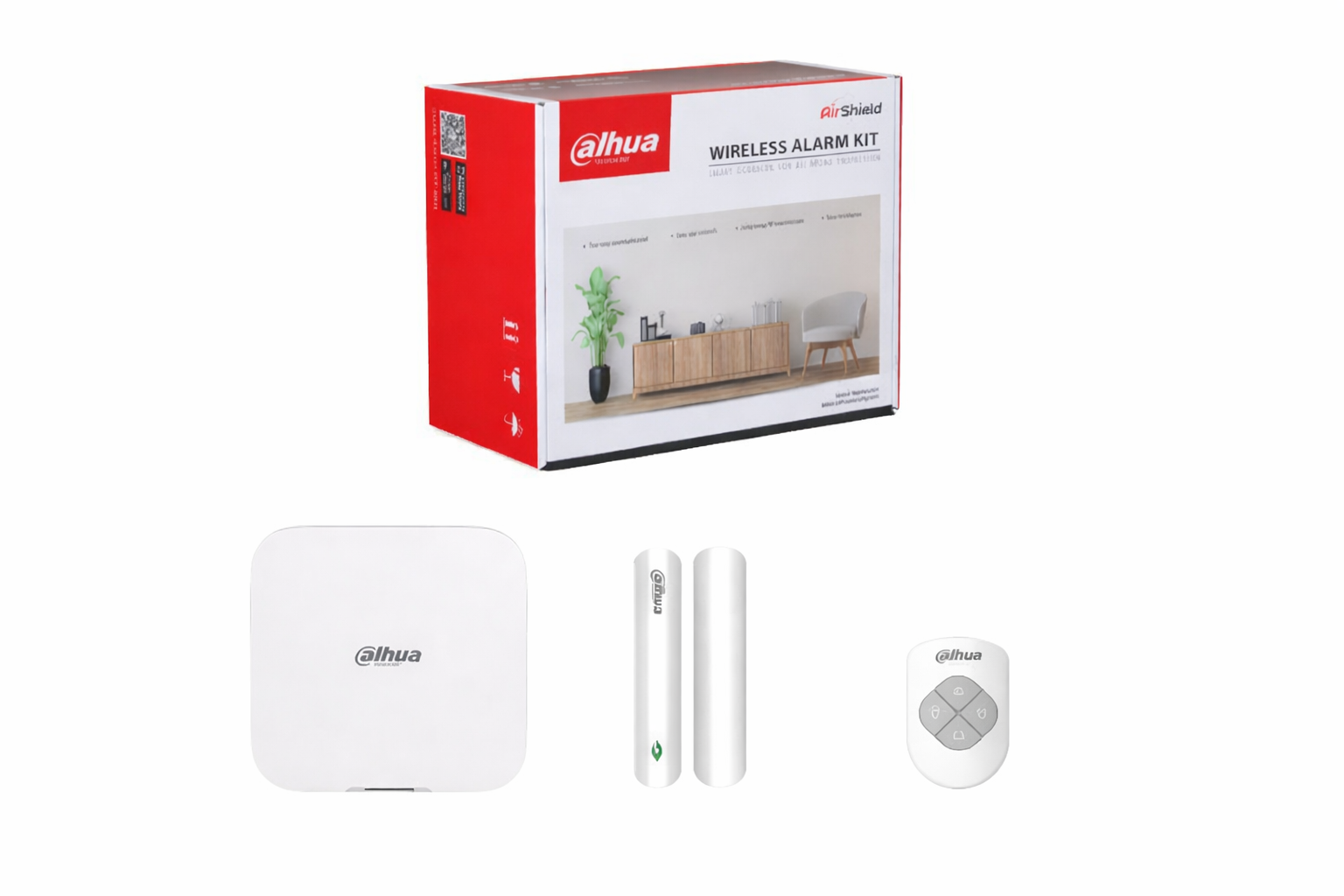 DAHUA AIRSHIELD WIRELESS ALARM KIT INCLUDES 1x WHITE WIRELESS HUB2 ALARM PANEL 1x WHITE WIRELESS PET PIRs 1x 4 BUTTON REMOTES WHITE 1x WHITE DOOR REED ALL DEVICES COME WITH LI-ION BATTERIES