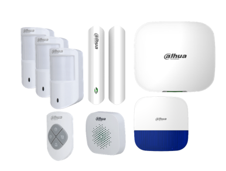 DAHUA AIRSHIELD WIRELESS ALARM KIT INCLUDES 1x WHITE WIRELESS HUB2 ALARM PANEL 3x WHITE WIRELESS PET PIRs 1x 4 BUTTON REMOTES WHITE 1x WHITE DOOR REED 1x WHITE OUTDOOR SIREN WITH BLUE STROBE 1x WHITE INDOOR SIREN ALL DEVICES COME WITH LI-ION BATTERIES