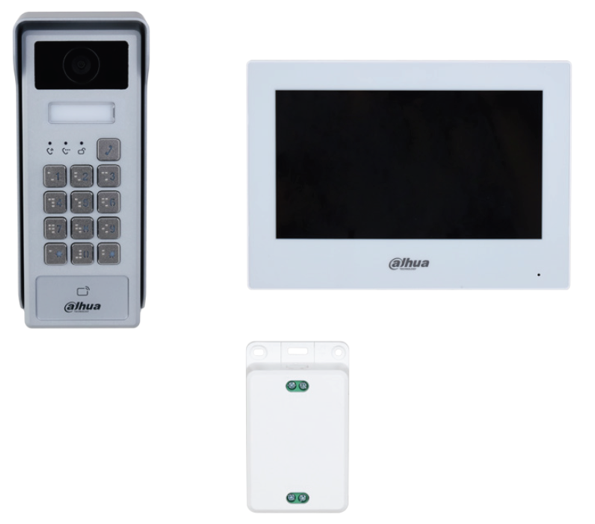 DHI-KTX03-S2 EACH SERIES RESIDENTIAL 2 WIRE HYBRID VIDEO INTERCOM KIT INCLUDES 1 x 2MP VIDEO DOOR STATION WITH KEYPAD IC CARD READER SILVER METAL IP65 IK08 1 x SURFACE MOUNTED BOX WITH RAINHOOD 1 x 7