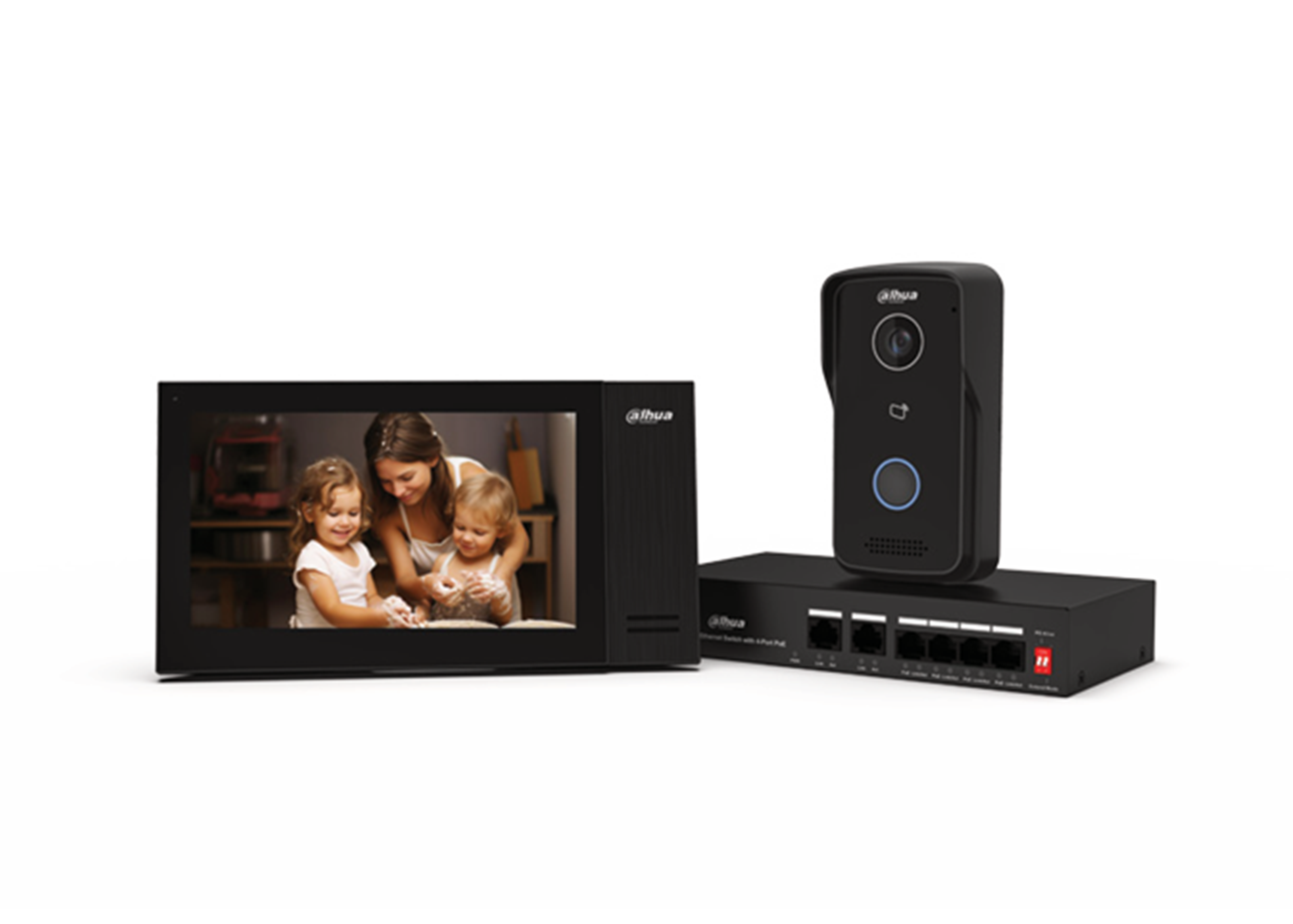 IP INTERCOM ALL IN ONE (WITH KEYPAD) AUDIO/VIDEO DOOR STATION BLACK RESIDENTIAL 7 INCH DISPLAY CAPACITIVE TOUCHSCREEN 2MP WDR PLASTIC IP65 IK04 H.264 & H.265 1 x OUTPUT 6 x ALARM INPUT WITH RFID READER BUILT IN 8GB SD CARD 12VDC/48V POE SWITCH