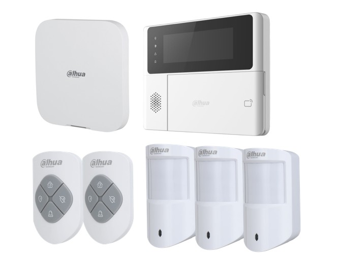 DAHUA AIRSHIELD W/LESS ALM KIT INC 1x W/LESS HUB2 ALM PANEL 1x KEYPAD 3x WHT W/LESS PET PIRs 2x KEYFOB 1x O/D SIREN 1x I/D SIREN