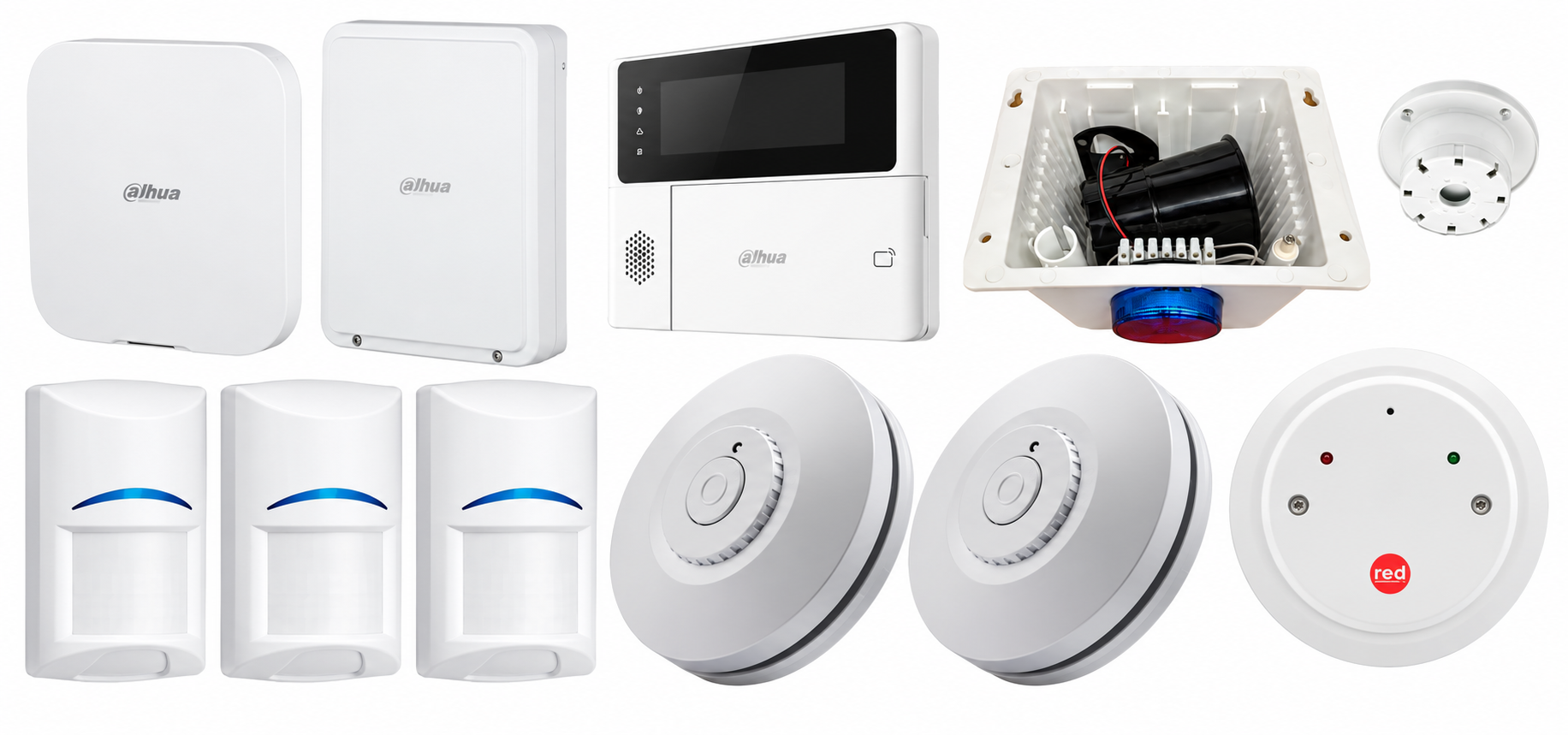 DAHUA AIRSHIELD W/LESS ALM KIT INC 1x HUB2 W/LESS ALM PANEL 1x K/PAD 3X BOSCH HARDWIRED PET PIRs 1x MULTI I/O TRANS 1x RELAY UNIT 1x HARDWIRED O/D STROBE/SIREN 2x SMOKE ALARM