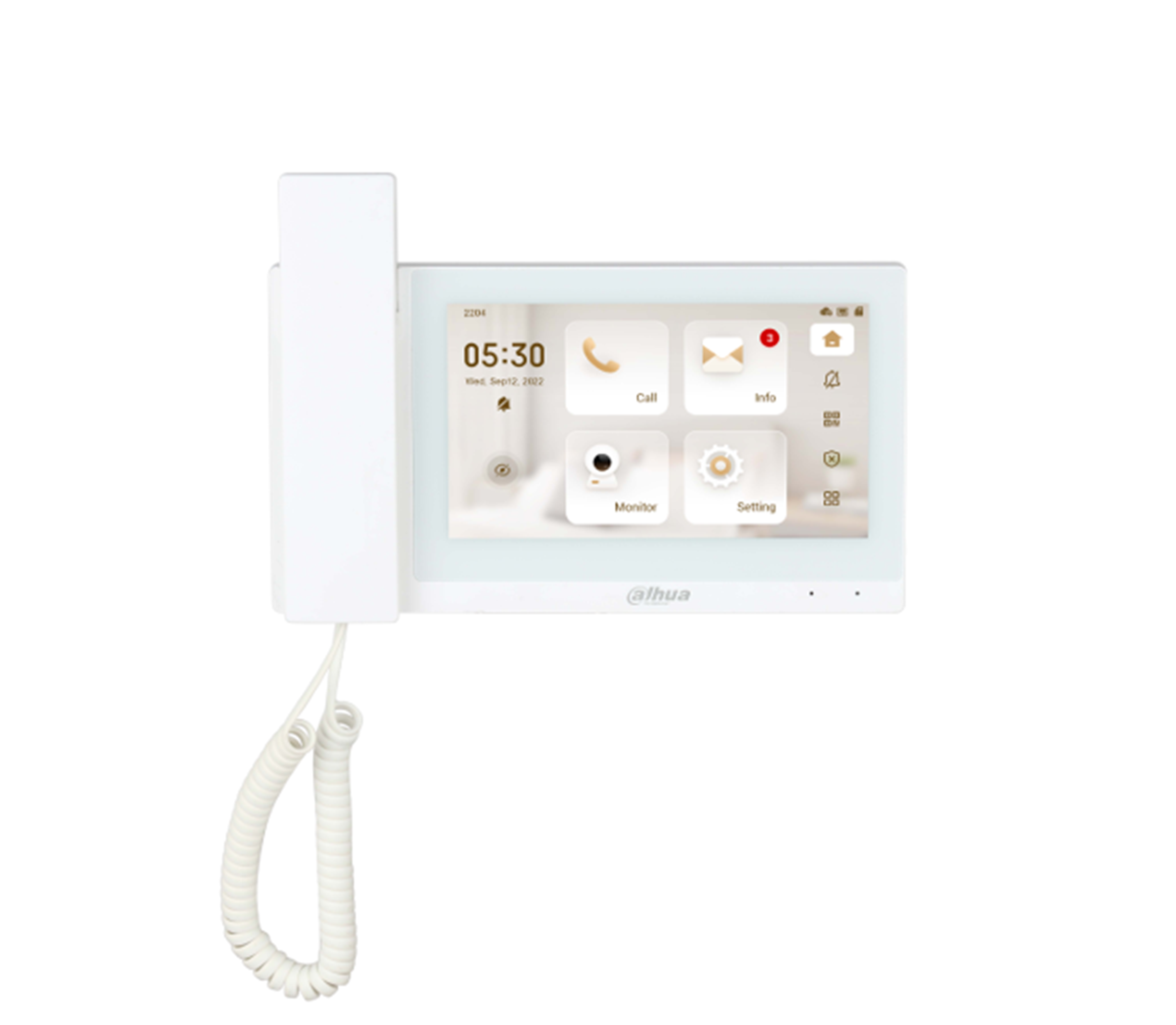 IP INTERCOM MONITOR WITH HANDSET WHITE APARTMENT/RESIDENTIAL 7 INCH DISPLAY TOUCHSCREEN PLASTIC H.264 1 x OUTPUT 6 x ALARM INPUT UP TO 512GB MICRO SD CARD 12VDC/48V POE SWITCH