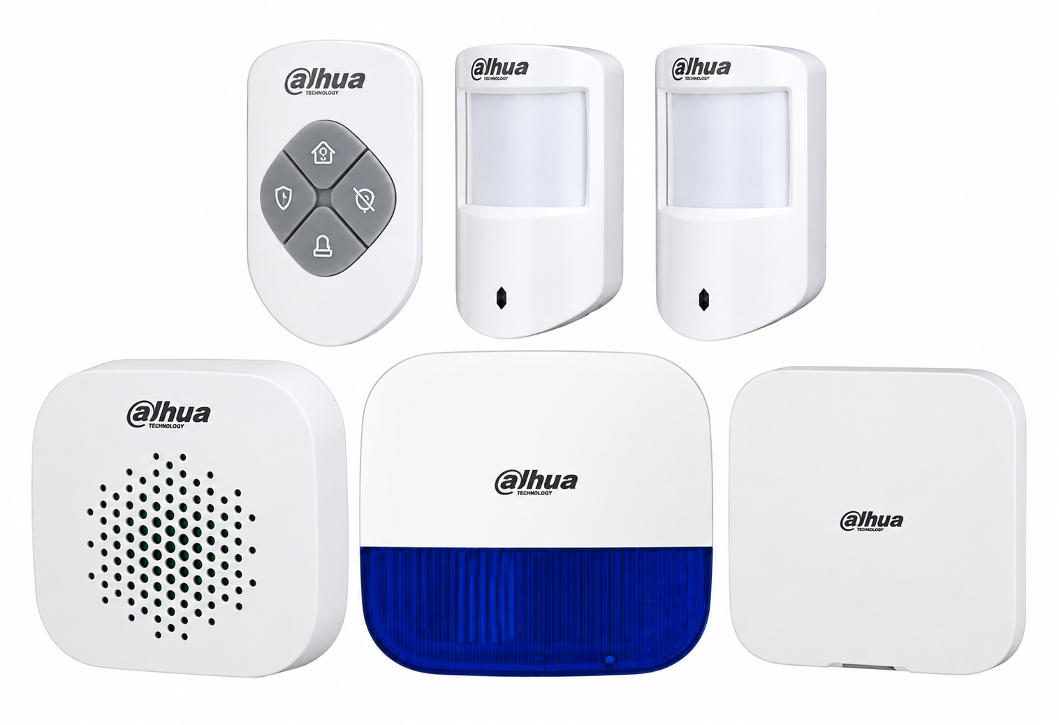 DAHUA AIRSHIELD W/LESS ALM KIT INC 1x HUB2 W/LESS ALM PANEL 2x WHT W/LESS PET PIRs 1x O/D STROBE/SIREN 1x WHT I/D SIREN 1x WHT 4-BTN REMOTE