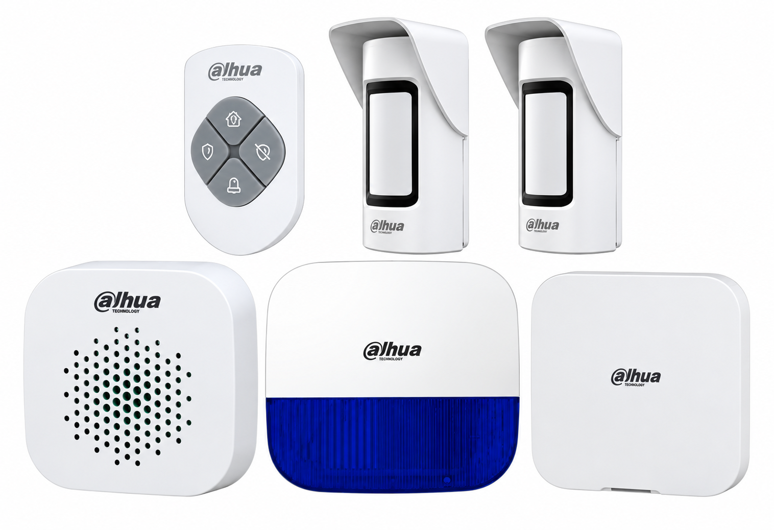 DAHUA AIRSHIELD W/LESS ALM KIT INC 1x HUB2 W/LESS ALM PANEL 2x WHT W/LESS ANTI-MASK PET PIRs 1x O/D STROBE/SIREN 1x WHT I/D SIREN 1x WHT 4-BTN REMOTE