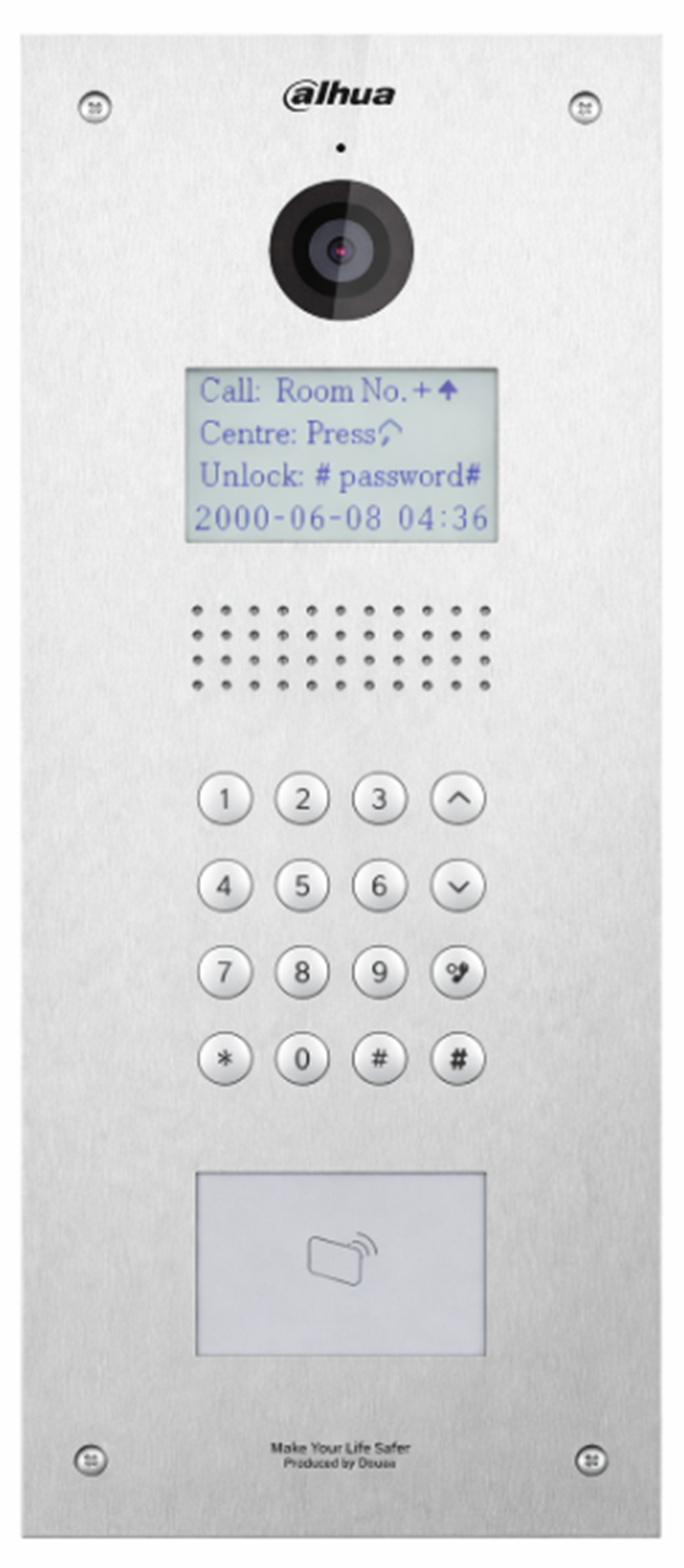 DAHUA SIP2.0 IP INTERCOM ALL IN ONE (WITH KEYPAD) KEYPAD & VIDEO DOOR STATION SILVER APARTMENT/COMMERCIAL 3 INCH DISPLAY LCD 1.3MP 95° STAINLESS STEEL IP54 IK07 H.264 1 x OUTPUT 2 x ALARM INPUT WITH MIFARE READER 12VDC REAR LAN