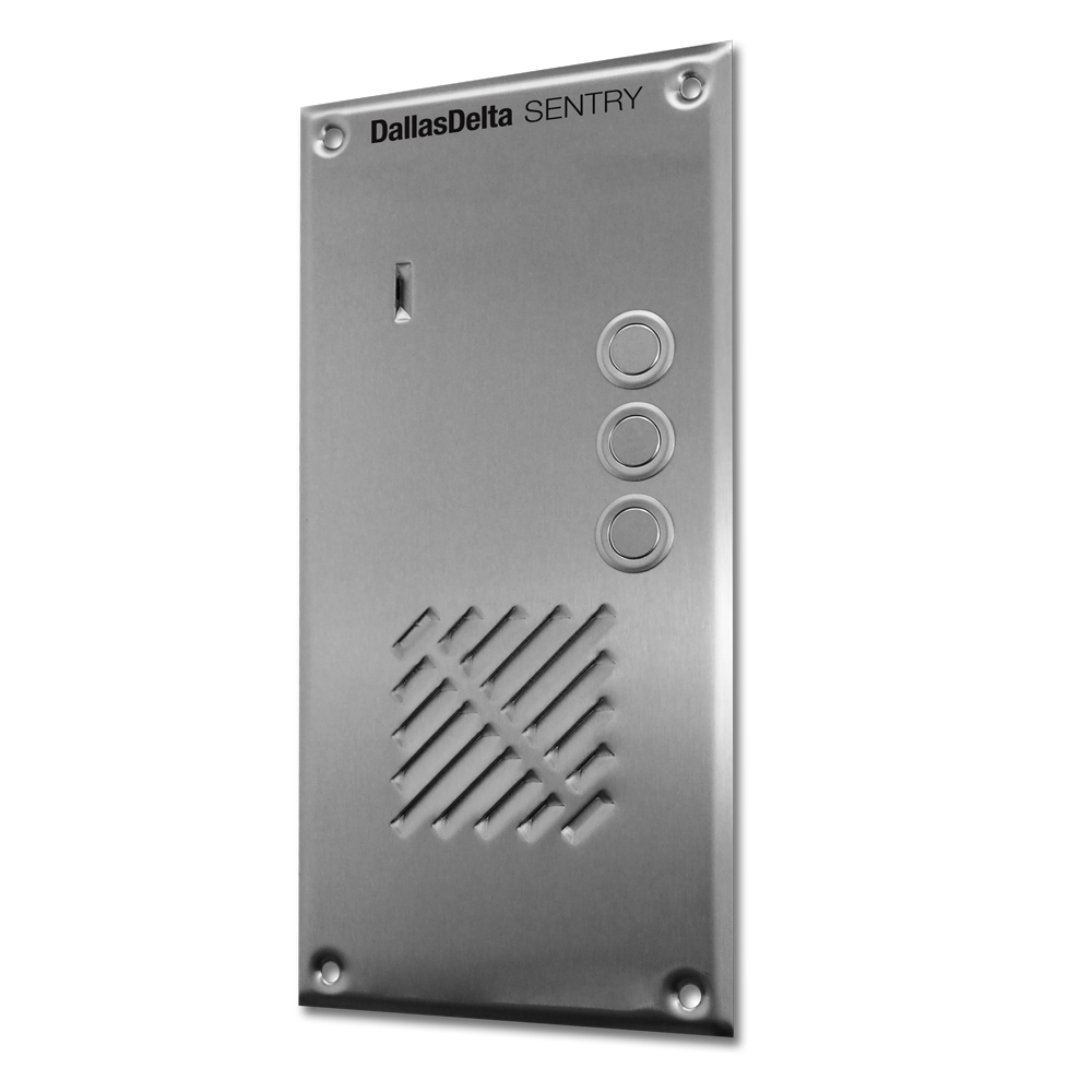 SENTRY SERIES 2-WIRE INTERCOM VERTICAL 3 BUTTON PSTN LINE AUDIO DOOR STATION SILVER APARTMENT/COMMERCIAL MECHANICAL BUTTON STAINLESS STEEL LINE POWERED(24-50VDC)