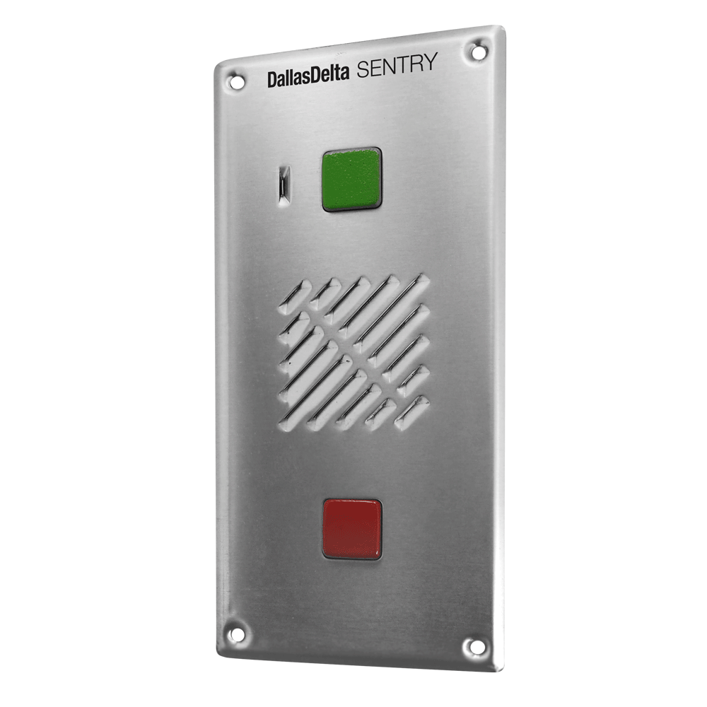 SENTRY SERIES IP INTERCOM 2 BUTTON AUDIO DOOR STATION SILVER RESIDENTIAL/COMMERCIAL MECHANICAL BUTTON STAINLESS STEEL 24VDC/48V POE SWITCH