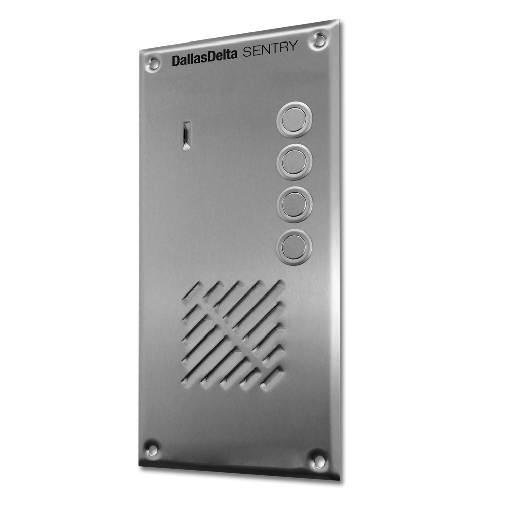 SENTRY SERIES IP INTERCOM VERTICAL 4 BUTTON AUDIO DOOR STATION SILVER RESIDENTIAL/COMMERCIAL MECHANICAL BUTTON STAINLESS STEEL LOCK OUTPUT(DRY CONTACT) 24VDC/48V POE SWITCH SIDE LAN
