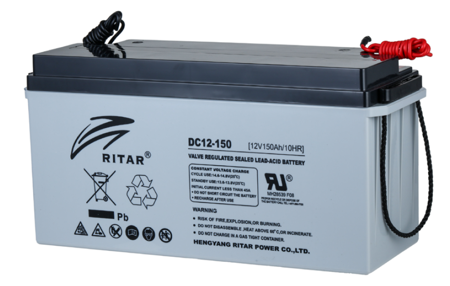DC12-150 12VDC /150 Ah VALVE REGULATED LEAD ACID BATTERY 1500A (5 Sec) DISCHARGE OPERATE TEMP -20° ~ +60° 30A CHARGE CURRENT 1M WIRE BLACK/RED GREY 43KG