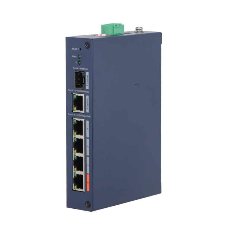 4PORT ( 6P) SWITCH 60W POE TOTAL CAPACITY 4x POE+ (1x Hi-PoE) PLUS 1x 1G SFP/ FIBRE PORT 1x1G UPLINK L2 CLOUD MANAGED BLUE 48-57VDC