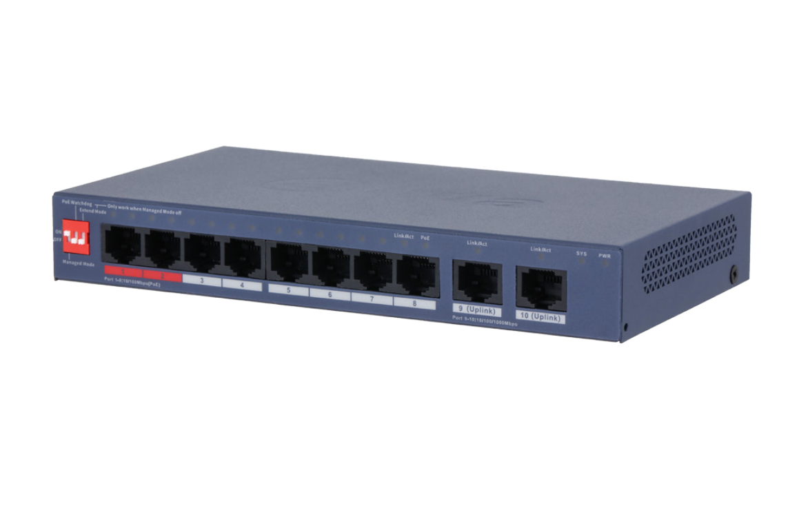 8PORT ( 10P) SWITCH 110W POE TOTAL CAPACITY 8x POE+ (2x Hi-PoE/ PoE++) PLUS 2x1G UPLINK L2 CLOUD MANAGED BLUE 55VDC