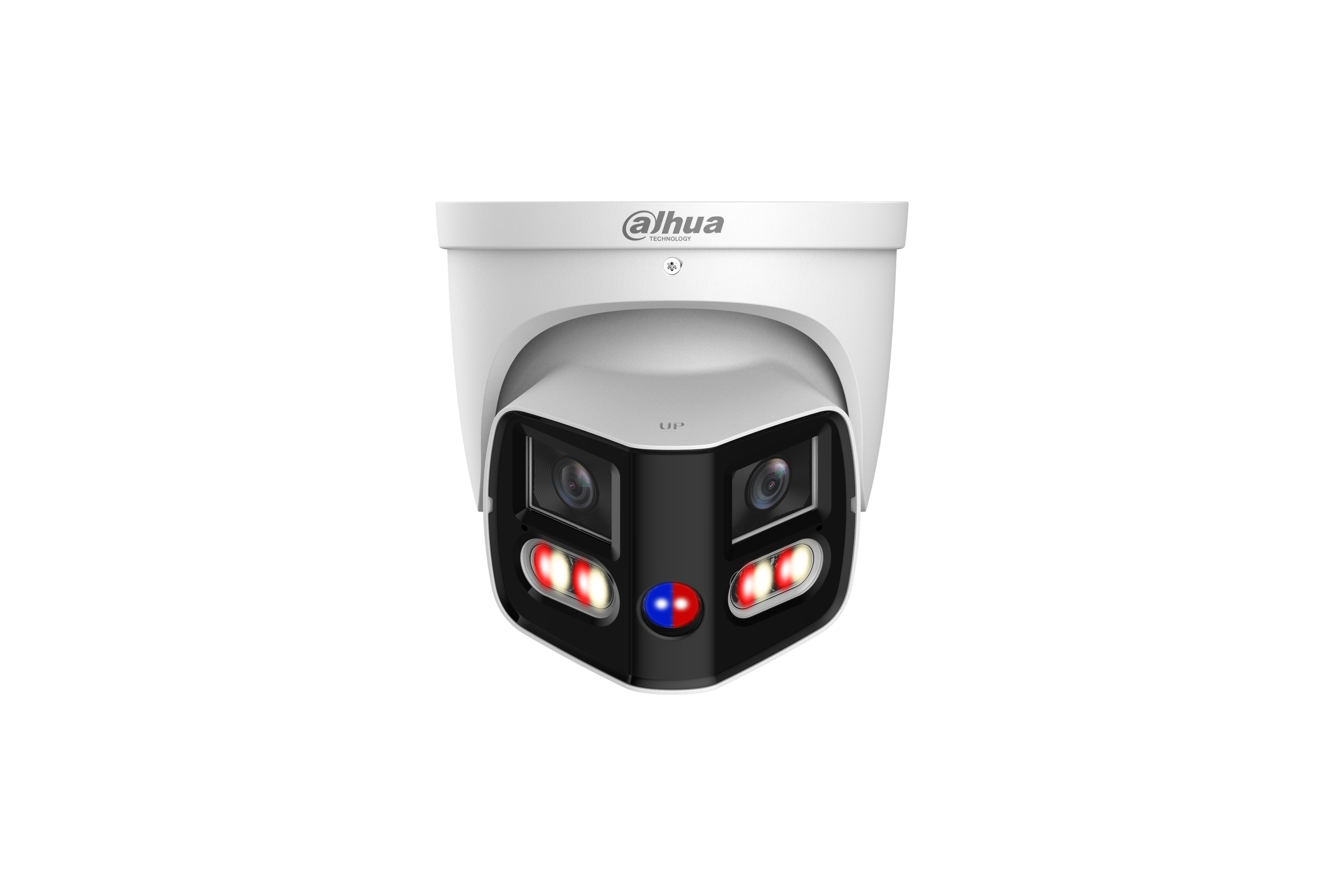 XINGHAN SERIES IP CAMERA WHITE AI 180° TIOC DUO WITH EPTZ 2x4MP H.264/5/5+/ MJPEG EYEBALL 120 WDR METAL 2.8MM FIXED LENS STARLIGHT IR+WARM LED 30M POE+ IP67 BUILT IN MIC AUDIO IN AUDIO OUT 1 x ALARM IN 1 x ALARM OUT SUPPORT UP TO 512GB SD 12VDC