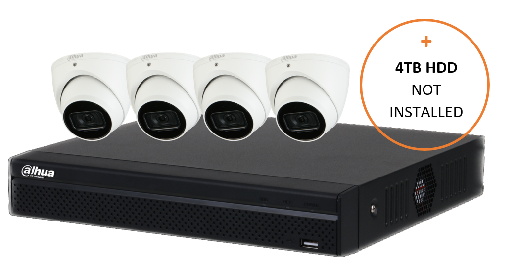 DAHUA WIZSENSE CCTV KIT INCLUDES 4x 6MP WHITE WIZSENSE TURRET CAMERA 2.8MM ( DHU7184), 8CH BLACK NVR ( DHU6810) NON-EXPANDABLE HDD, 4TB HDD NOT LOADED