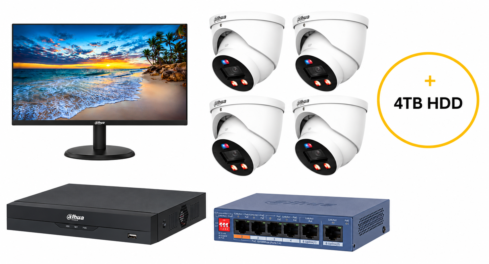 DAHUA WIZSENSE CCTV KIT INC 4x 6MP WHT WIZSENSE TURRET CAM 2.8MM (DHU7529) 8CH BLK NVR (DHU7278) NON EXP HDD W/ 4TB HDD NOT LOADED LED MON (DHU7756) 4PORT (6P) SW (DHU7691)