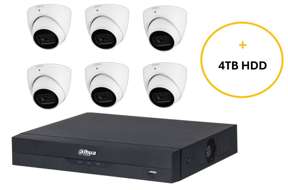 DAHUA WIZSENSE CCTV KIT INCLUDES 6 x 5MP WHITE WIZSENSE TURRET CAMERA 2.8MM (DHU7469) 8 CHANNELS BLACK NVR (DHU7278) NON EXP HDD WITH 4TB HDD LOADED