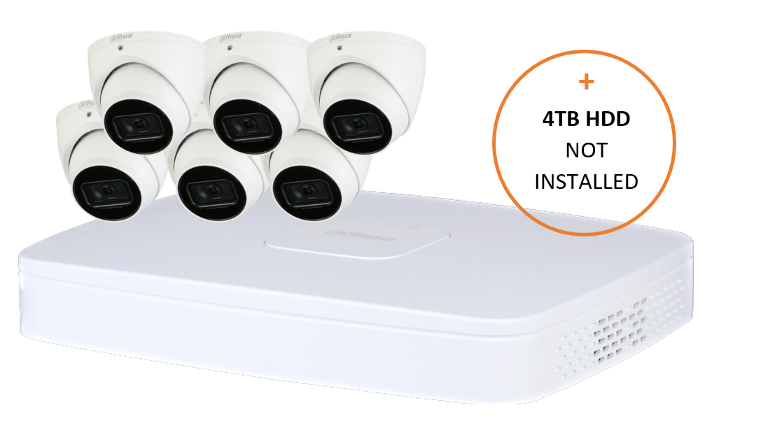 DAHUA WIZSENSE CCTV KIT INCLUDES 6x 6MP WHITE WIZSENSE TURRET CAMERA 2.8MM ( DHU7184), 8CH WHITE NVR ( DHU6812) NON-EXPANDABLE HDD, 4TB HDD NOT LOADED